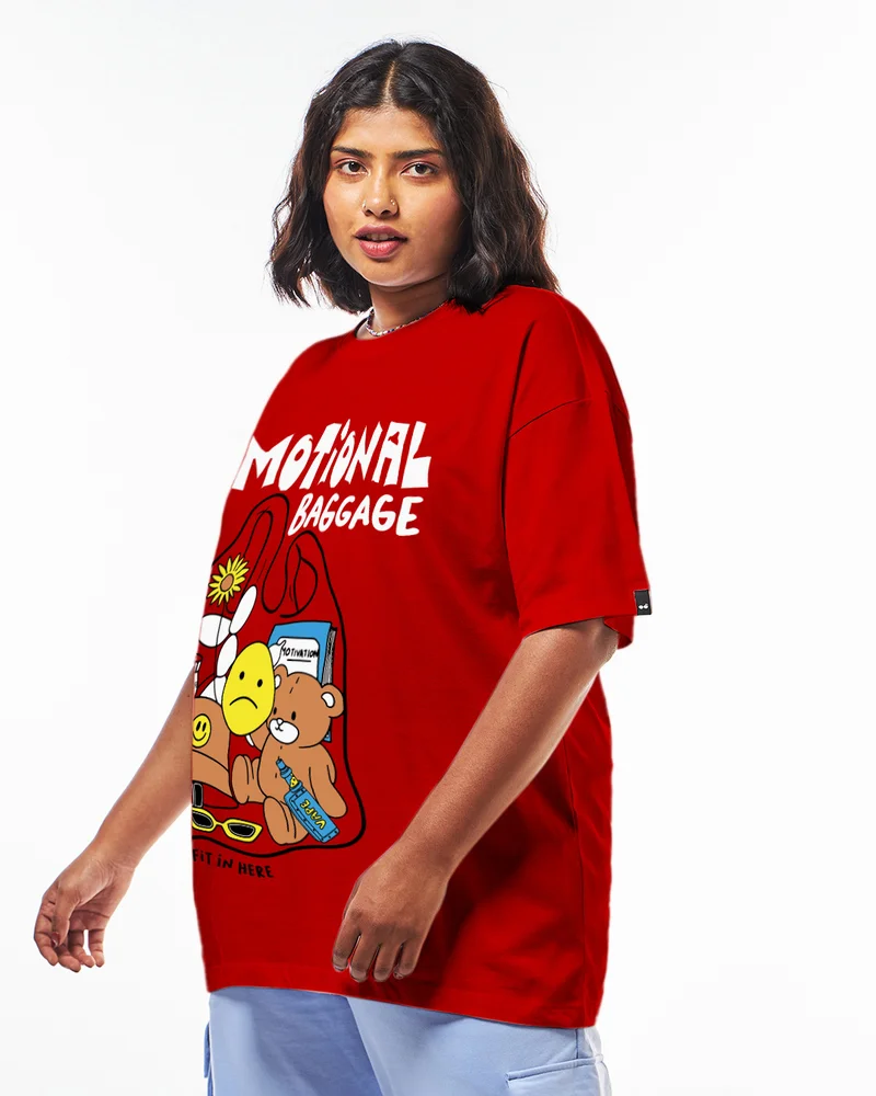 بيواكوف Women's Red Emotional Baggage Graphic Printed Oversized Plus Size T-shirt